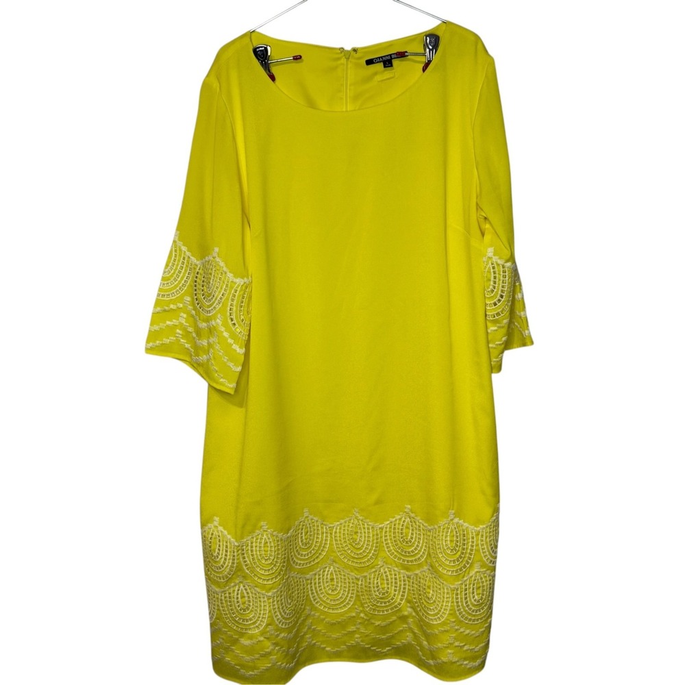Gianni Bini Womens Yellow Sheath Dress Large Embroidered Crochet Trim Zip Back